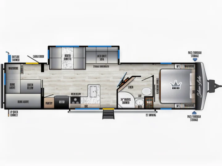 RV rental floor plan: Silver Lake travel trailer with king bed, bunkhouse, kitchen, and bathroom.. East to West Silver Lake 3250QB 2025
