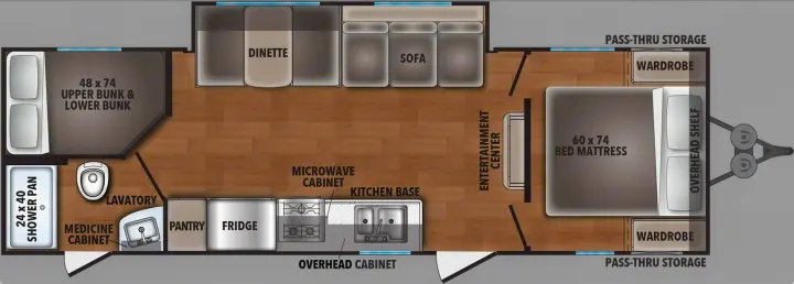RV rental floor plan: This detailed travel trailer layout shows bunks, a 60x74 master bed, full kitchen, bathroom, and dinette.. Shasta 26DB 2022