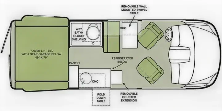 This RV rental camper van floor plan details the interior: rear power lift bed with gear garage, wet bath, kitchen, and swivel seats.. Mercedes Sprinter Tiffin GH1 2024