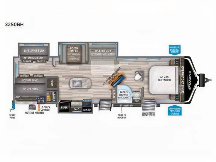 This 3250BH RV rental floor plan features bunk beds, queen bed, kitchen, and living area for comfortable travel.. Grand Design Imagine 2023