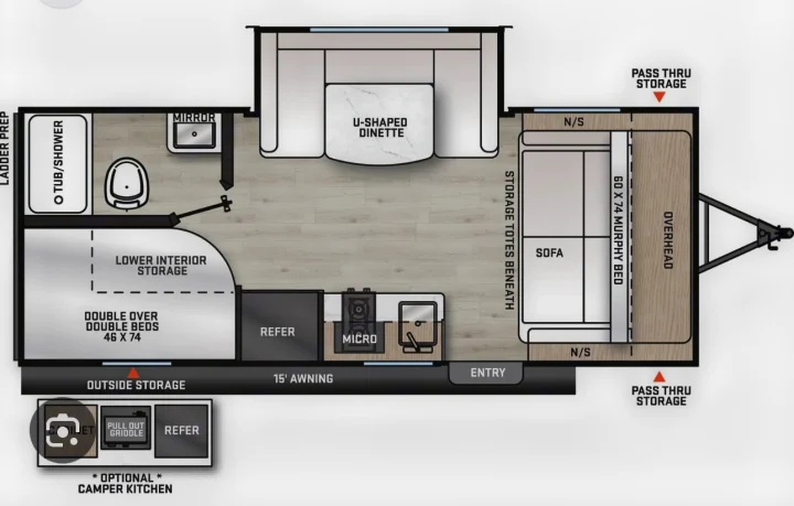 RV rental floor plan showing a camper's interior layout with a kitchen, bathroom, dinette, bunk beds & Murphy bed.. Coachmen Catalina 2022
