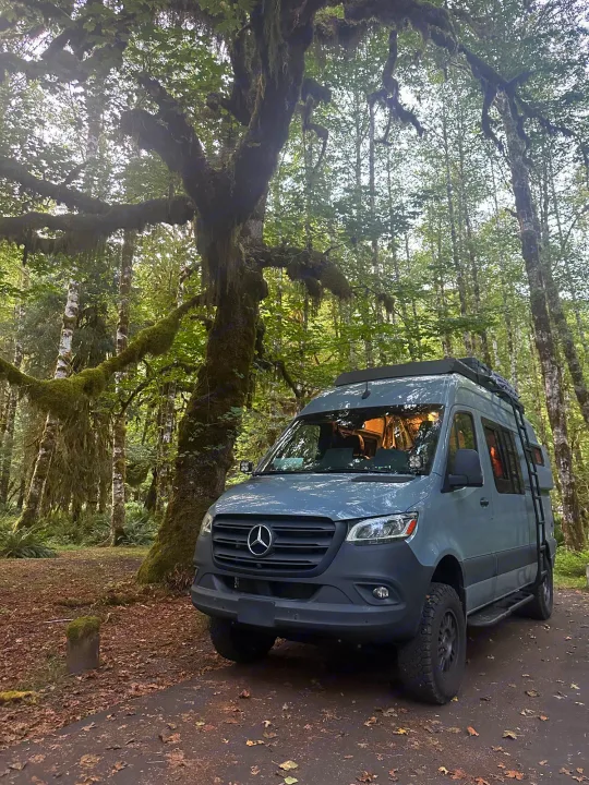A gray Sprinter camper van, perfect for rv rental, parked in a lush, mossy forest campsite for your adventure.. Mercedes-Benz Sprinter 2024