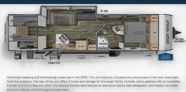 Grey Wolf 29TE RV rental layout: Features queen bed, bunks, dinette, kitchen, bath, and an amazing outdoor kitchen.. Forest River Cherokee Grey Wolf 2022
