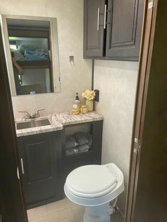 Clean RV rental bathroom featuring a sink, toilet, dark wood vanity, overhead cabinets, and mirror reflecting bunk beds.. FR3 FR3 Motorhome 2020