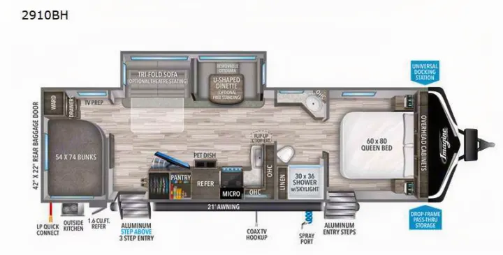 This RV rental floor plan displays the spacious interior layout of the 2910BH model, ideal for family travel.. Grand Design Imagine 2022
