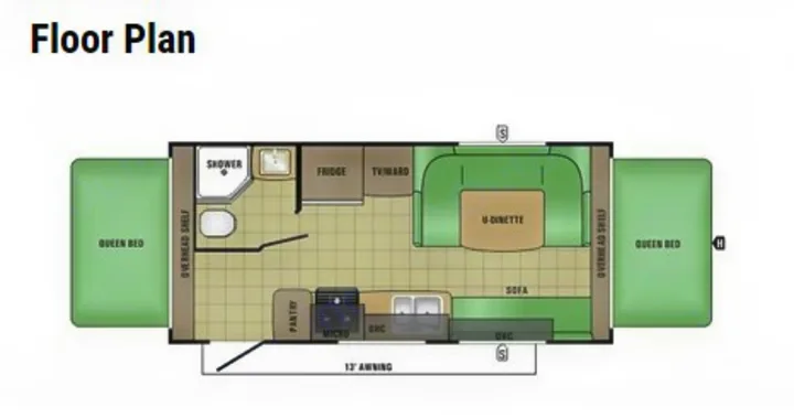 RV rental floor plan shows two queen beds, U-dinette, sofa, kitchen, and bath, providing a spacious interior.. Starcraft Travel Star 2014