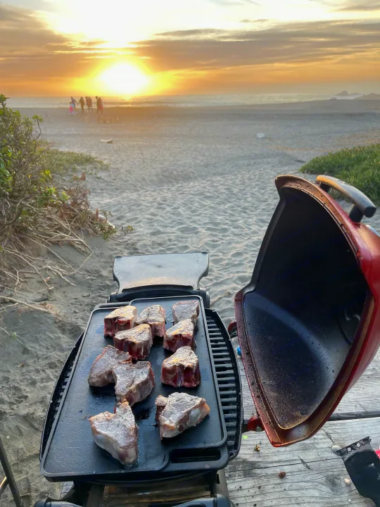 Beach sunset cookout with lamb chops on a portable grill, perfect for an RV rental adventure!. Gulf Stream Enlighten 2021