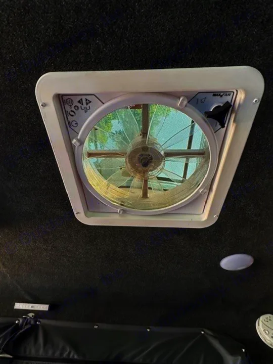 This photo shows a MAX FAN ceiling vent in an RV rental, providing airflow for a comfy journey.. Intech Explore 2023