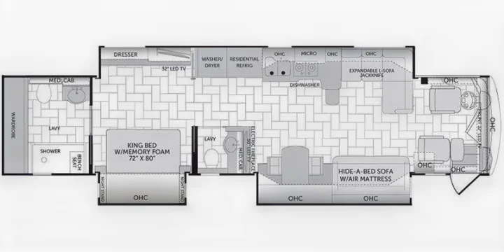 This RV rental floor plan details a king bed, two bathrooms, kitchen, and living space with multiple sofas.. American Coach Revolution 2017