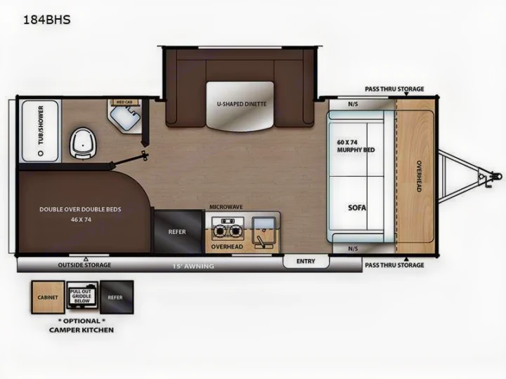 Detailed 184BHS RV rental floor plan: travel trailer interior with bunk beds, Murphy bed, U-shaped dinette, kitchen & bath.. Coachmen Catalina 2022