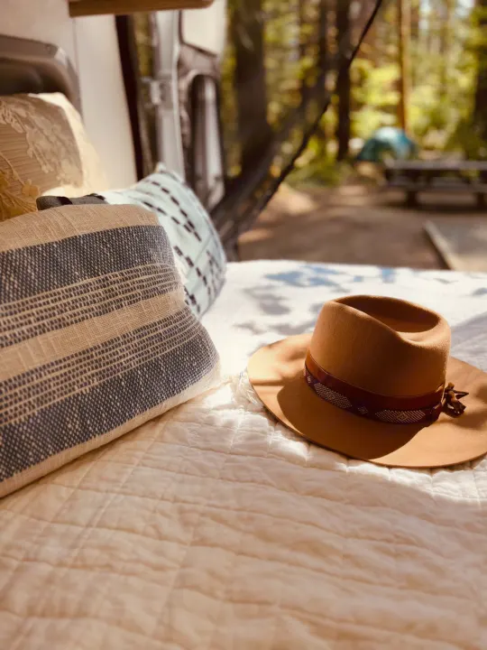 Inside a comfy RV rental, featuring pillows & a hat on quilted bedding. View of a peaceful forest campsite.. Winnebago Eurovan Camper Eurovan Camper 2023