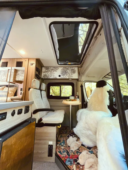A cozy rv rental interior with kitchen, swivel seats, dining table with drinks, and plush decor for travel.. Winnebago Eurovan Camper Eurovan Camper 2023