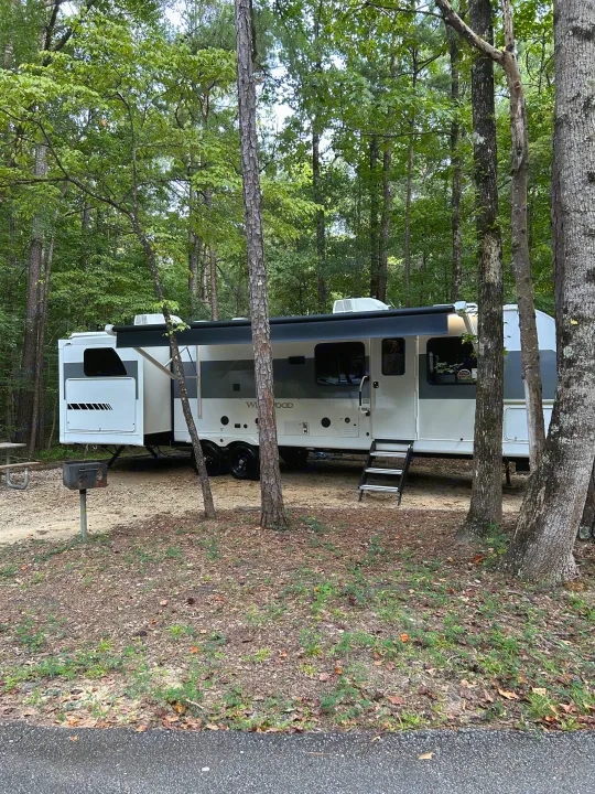 Large RV rental with slide-outs and awning deployed at a shaded forest campsite, featuring a picnic table and grill.. Forest River RV Wildwood 31KQBTSX 2025