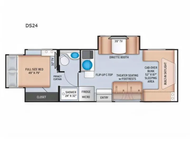 RV rental: DS24 floor plan shows full-size bed, cab-over bunk, kitchen, bath, theater seating, and two TVs for travelers.. Thor Quantum 2022
