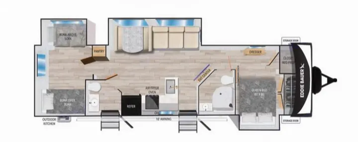Explore this spacious RV rental floor plan, featuring a queen bed, bunkhouse, full kitchen, bath, and outdoor kitchen.. Heartland RVs Eddie Bauer BHS 34 2024