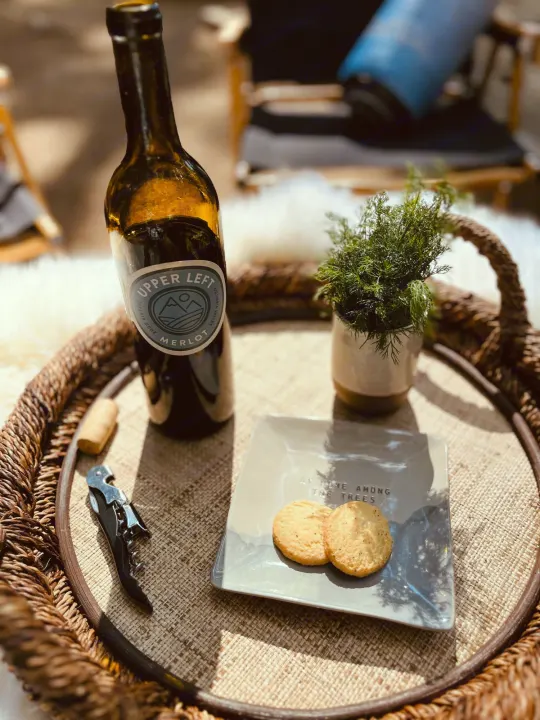Unwind with Merlot and cookies on a charming woven tray. Your RV rental getaway offers perfect outdoor relaxation.. Winnebago Eurovan Camper Eurovan Camper 2023