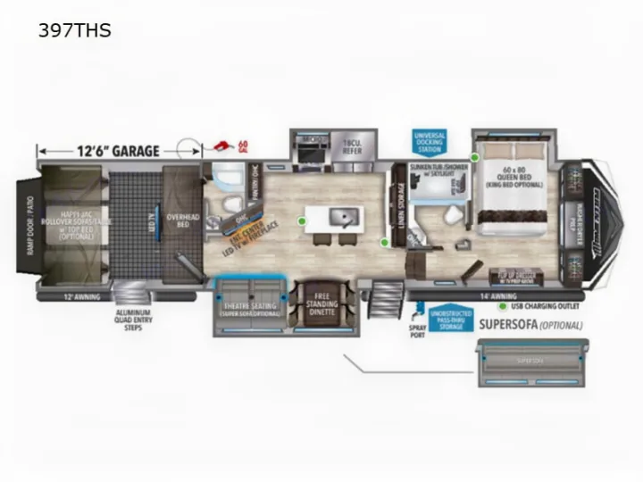 Explore this detailed 397THS RV rental floor plan with a spacious garage, master bedroom, and full living area.. Grand Design Momentum 2022