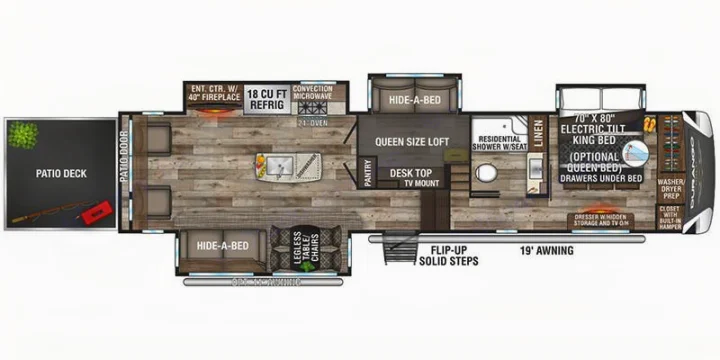 RV rental floor plan: See the spacious layout with king bed, queen loft, full kitchen, bath, living area, and patio deck.. KZ Durango Gold 2022