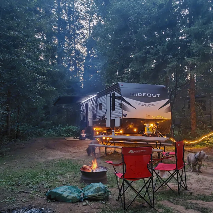 An **rv rental** travel trailer, lit by string lights, sits in a forested campsite with a campfire and dogs.. Keystone RV Hideout Luxury 2021
