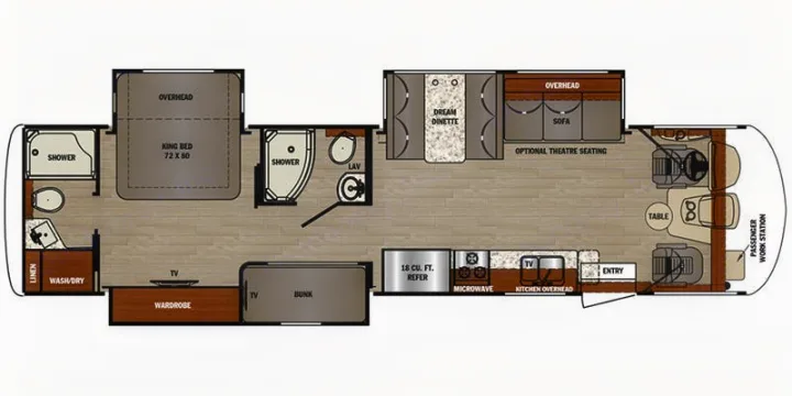 This RV rental floor plan shows the interior layout with a king bed, bunk beds, two showers, kitchen, and dinette.. Georgetown GT5 2019