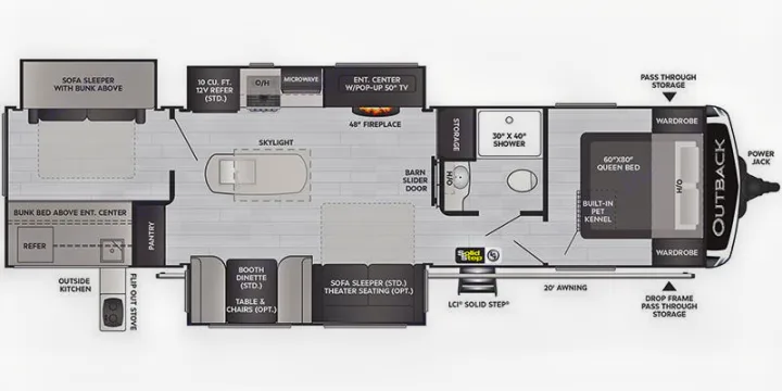 Detailed RV rental floor plan: A blueprint of a travel trailer, highlighting sleeping areas (queen bed, bunks), kitchen, bath, and living space.. Keystone RV Outback 2022
