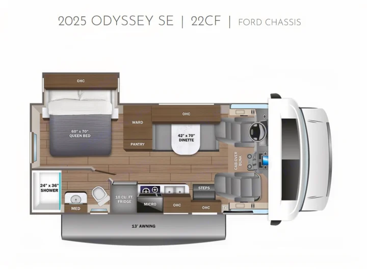 RV rental: Detailed 2025 Odyssey SE motorhome floor plan with queen bed, dinette, and cab-over bunk.. Entegra Odyssey SE 2025