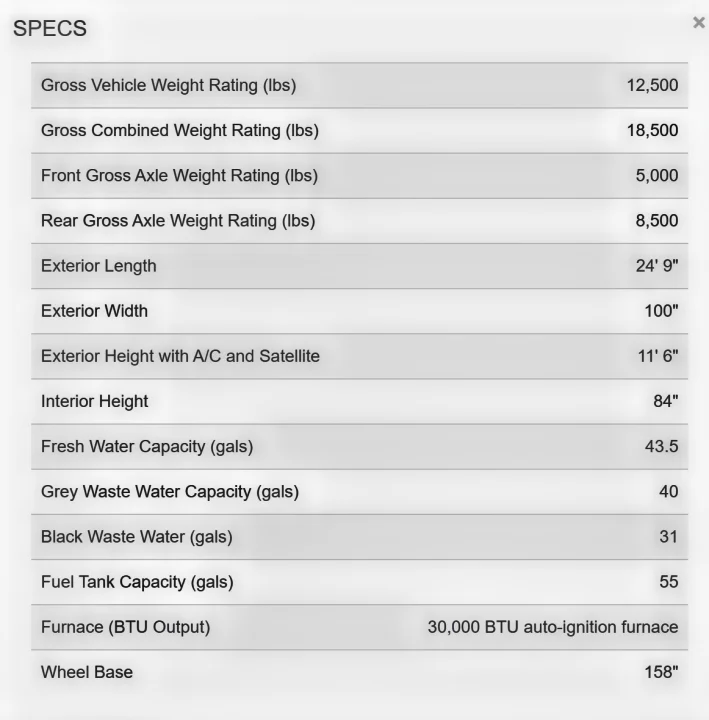 RV rental specs: detailed list of weight ratings, dimensions, water, and fuel capacities for planning trips.. Entegra Odyssey SE 2025