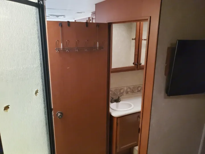 RV rental: Compact interior includes frosted shower, door with coat hooks, bathroom vanity with sink, and a wallmounted TV.. Four Winds Freedom Elite 2010