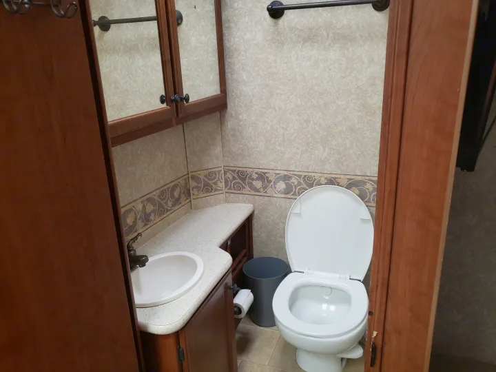 Compact RV rental bathroom: white toilet, sink vanity, and wood-framed mirror cabinet.. Four Winds Freedom Elite 2010
