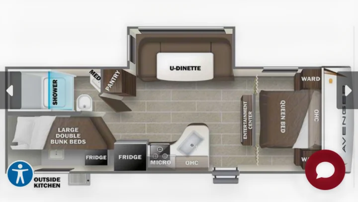 An RV rental floor plan with queen bed, large bunk beds, U-dinette, kitchen (indoor & outside), and bathroom.. Forest River Prime Time Avenger 24BHS 2023
