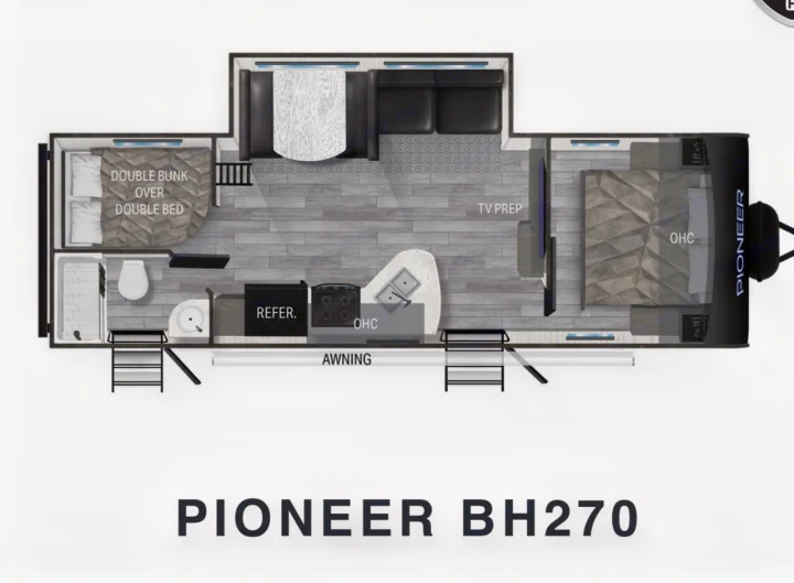 Pioneer BH270 RV rental floor plan: See the bunk beds, kitchen, bath, and master suite layout for your travels.. Pioneer Other 2023