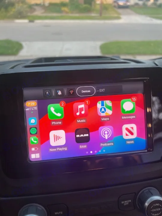 Apple CarPlay in an RV rental, showing maps, music, and communication apps on the infotainment screen.. Winnebago Solis 2023