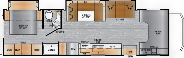 Detailed RV rental floor plan featuring a queen bed, U-dinette, sofa, kitchen, bathroom, and bunk. See this RV's interior layout.. East to West Entrada 2023