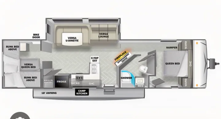 This detailed RV rental floor plan shows queen & bunk beds, kitchen, bath, dinette, lounge, and fireplace. Perfect for your next trip!. Forest River Wildwood 2022