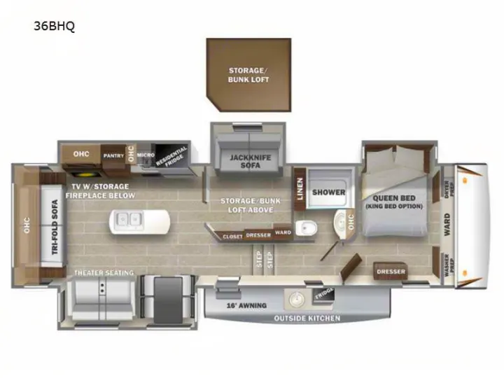 This 36BHQ RV floor plan illustrates a spacious living area, kitchen, queen bedroom, bunk loft, bath, and outside kitchen, ideal for rv rental.. Forest River Sabre 2021