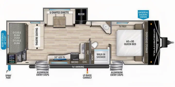 RV rental floor plan: Spacious travel trailer layout with double bunks, queen bed, U-dinette, kitchen, and walk-in shower.. Grand Design Transcend Xplor 2024