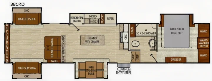 Detailed 381RD RV rental floor plan with living area, kitchen island, private bedroom, and full bath.. Forest River Coachmen Chaparral 2018