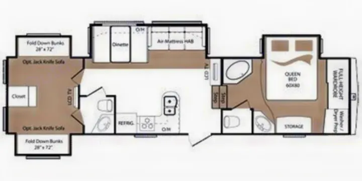 This RV rental floor plan shows a detailed interior layout with a queen bedroom, bunk room, kitchen, and two bathrooms.. Keystone RV Montana High Country 2010