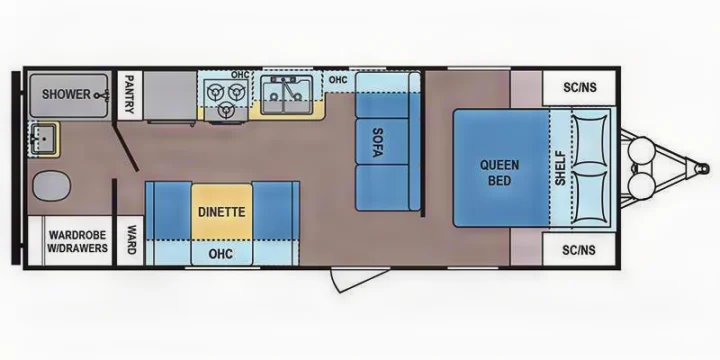 This RV rental floor plan features a queen bed, sofa, dinette, kitchen with stove/sink, and bathroom. Includes storage.. Dutchmen Coleman Lantern LT 2016