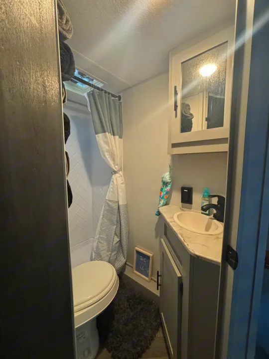 Compact RV rental bathroom showcasing a toilet, shower, and vanity with sink/mirror, in contemporary grey tones.. Forest River Wildwood FSX Plantium 2022