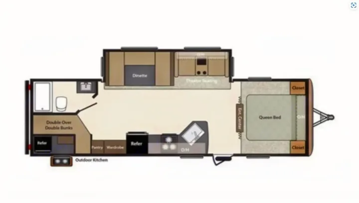 RV rental floor plan: queen bed, bunks, kitchen, dinette, bath, and outdoor kitchen. Ideal for large groups.. Keystone Springdale 2016