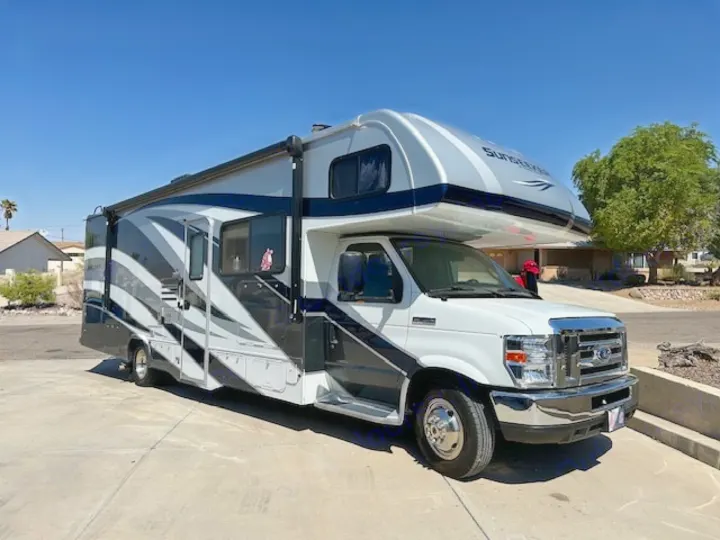 Bright image of a white and gray Sunseeker Class C RV, perfect for your next comfortable rv rental road trip.. Forest River Sunseeker 2018