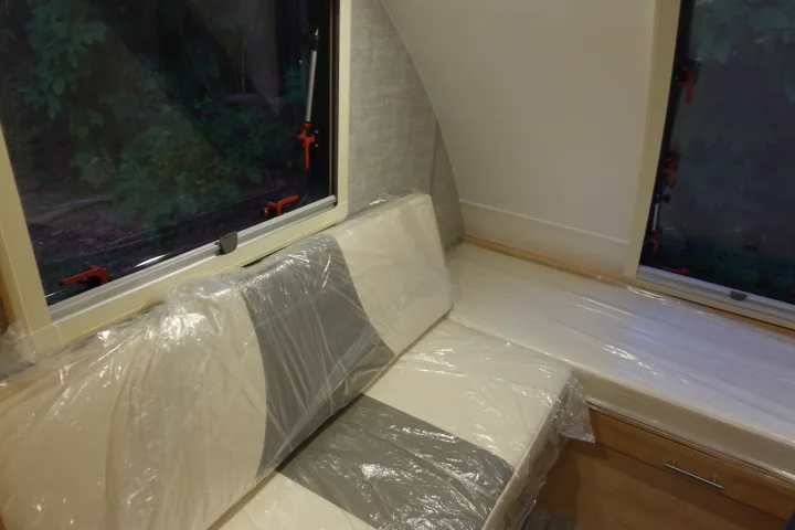 Spacious RV rental interior with new cushions. Little Guy Mini-Max 2024