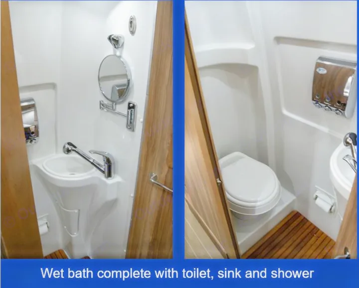 Two views of an RV rental wet bath, showing the sink/shower faucet, toilet, and space-saving design.. Airstream Interstate 2017