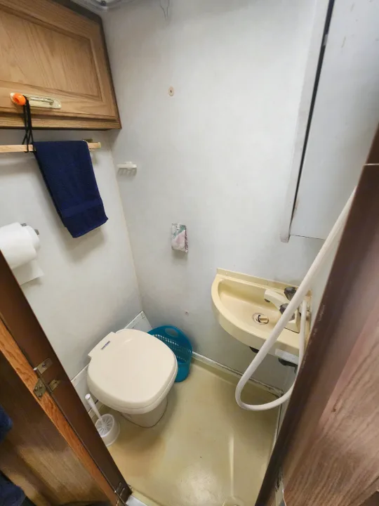 RV rental bathroom interior with toilet, sink, and shower hose. Compact and functional space for travel.. Fleetwood Wilderness 1991