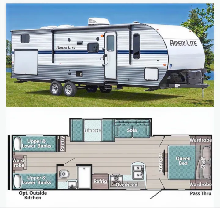 Exterior and detailed floor plan of an Ameri-Lite travel trailer, ideal for an RV rental adventure.. Gulf Stream Gulf Stream 2021