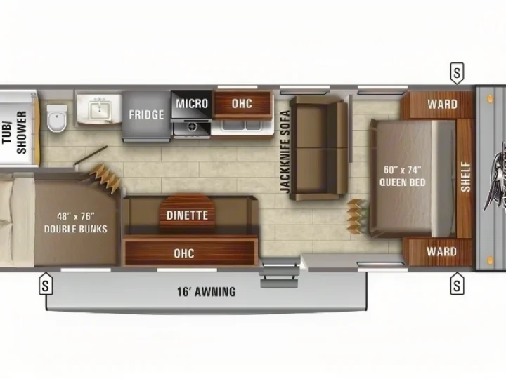 RV rental floor plan reveals interior layout: queen bed, double bunks, kitchen, bath, dinette, sofa, plus outdoor 16' awning.. Jayco Jay Flight SLX 2021