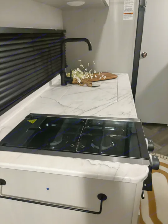 This RV rental kitchenette features a marbled counter, two-burner stovetop, sink with a black faucet, and decorative flowers.. Forest River Wildwood 2021