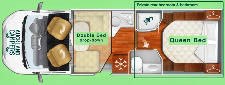RV rental floorplan of an Auckland Campers motorhome. Features: queen bed, drop-down double bed, shower, & private bath.. Roller Team 696 2024