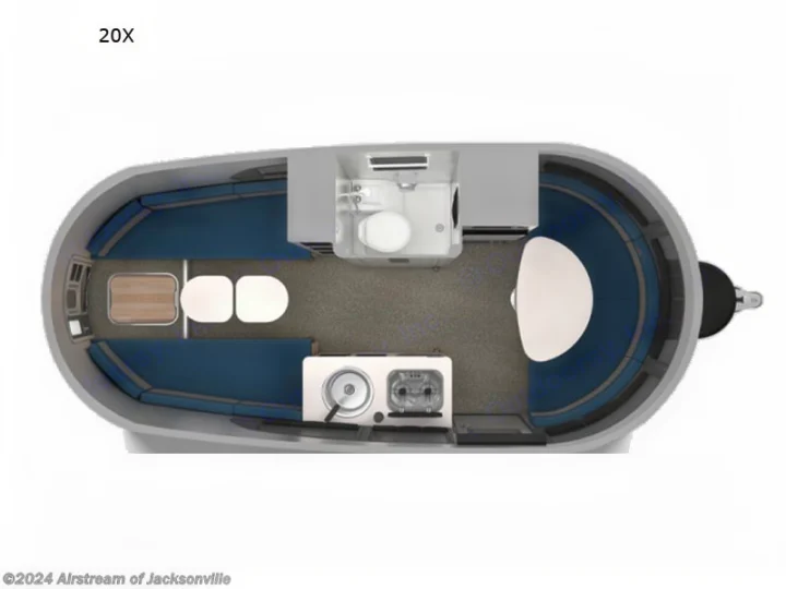 Overhead view: compact RV rental floor plan. This travel trailer interior features kitchen, bath, and two distinct seating areas.. Airstream Basecamp 2021